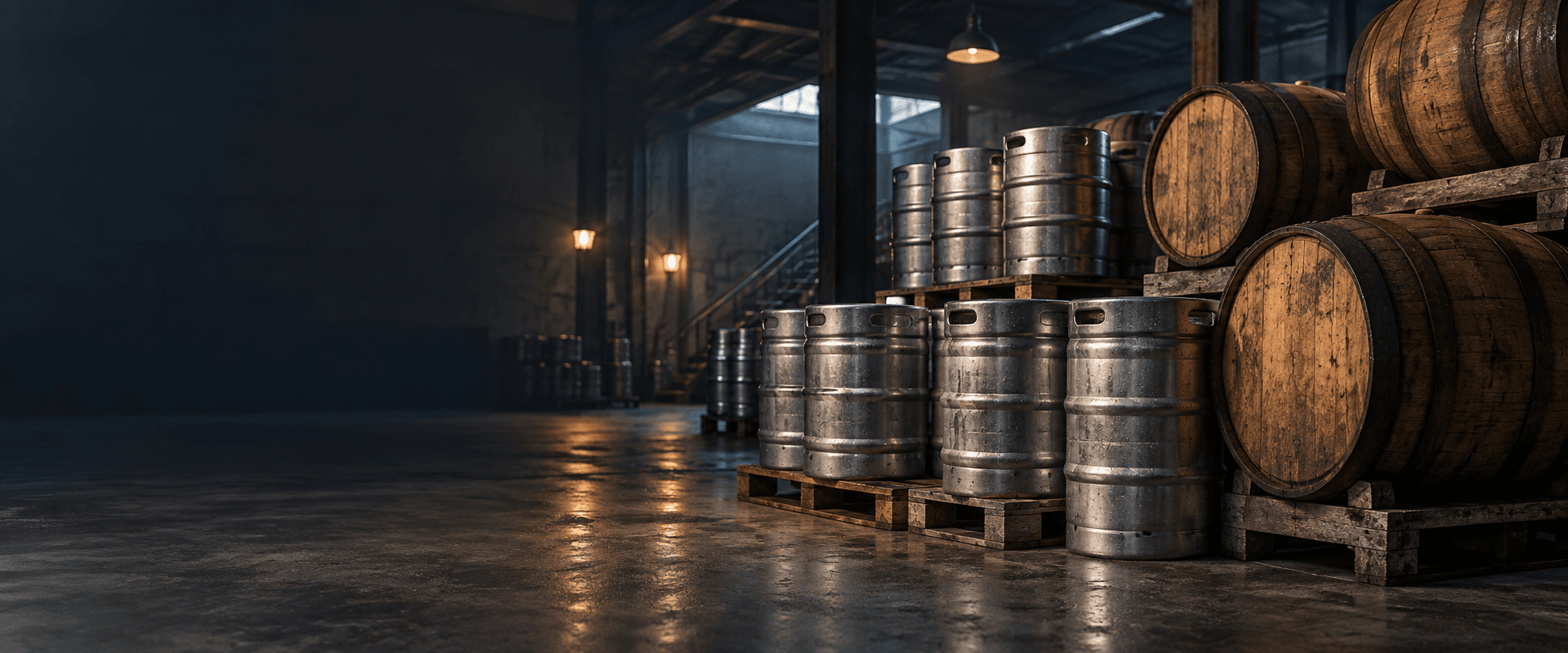 Stacked beer kegs and oak barrels inside a beverage warehouse